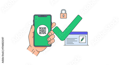 Securely verify vaccination status on your smartphone, confirming health and safety with a digital record and a checkmark of approval.