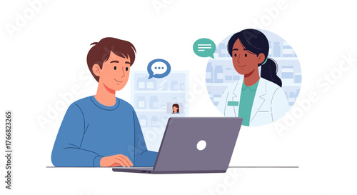 Man consults with friendly doctor online via laptop, discussing health and prescriptions in a modern telemedicine session.