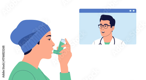 Person using inhaler during telehealth consultation with doctor, receiving remote medical advice for respiratory health and treatment.