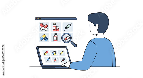 Man researching medical supplies and pharmaceuticals online using laptop and digital interface with various medications and syringes displayed
