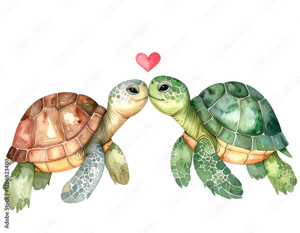 Obraz premium Turtle's Embrace: Two charming turtles share a tender moment, their heads touching beneath a floating heart, evoking a sense of gentle affection and connection.