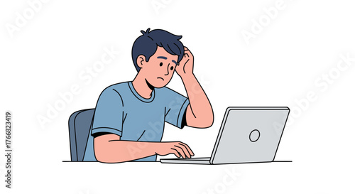 Frustrated young man struggling with laptop computer, feeling overwhelmed by digital tasks and deadlines, seeking solutions online.