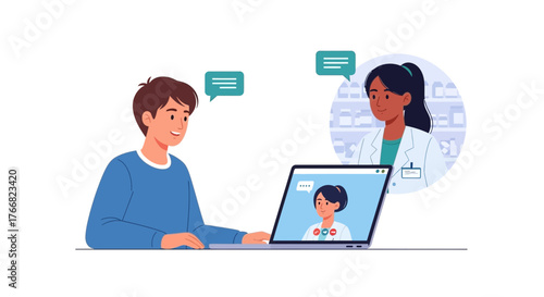 Modern patient consults with doctor via video call, accessing remote healthcare services for convenience and improved well-being