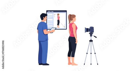 Professional analyzing athlete's posture and movement with real time technology for peak performance and data driven insights