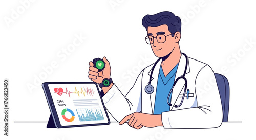 Caring doctor expertly analyzes patient vital signs on tablet and smartwatch, promoting health awareness and modern medical care.