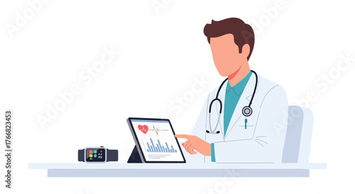 Confident doctor analyzing patient health data on tablet with smartwatch displaying vital signs for modern healthcare innovation