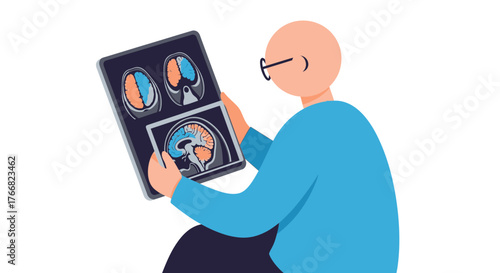Focused doctor examines brain scans with detailed anatomical views, aiding diagnosis and patient care in a modern medical setting.