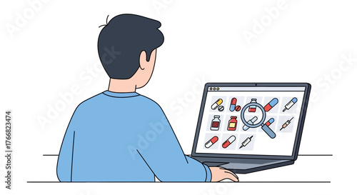 Man researching medications online using a laptop and magnifying glass, exploring health and wellness options digitally for informed decisions