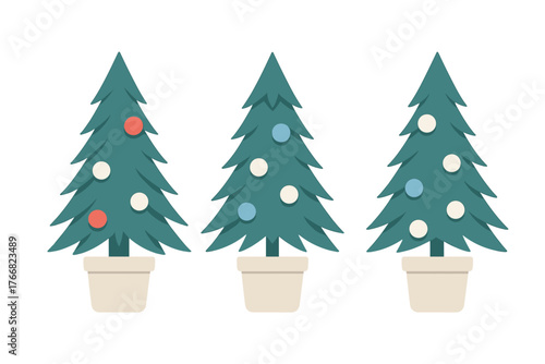 Stylized collection of evergreen trees in pots decorated with festive holiday ornaments
