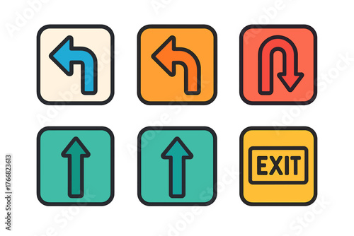 Collection of colorful navigation arrows, directional symbols, and exit sign interface icons for web design
