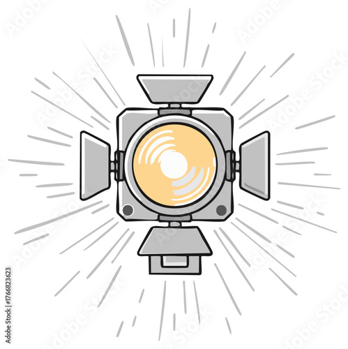 Stage light shines with strong rays, theater, cinema, tv, cartoon style illustration