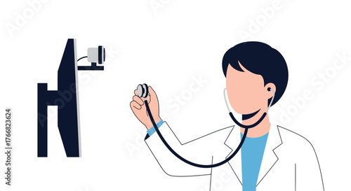 Dedicated doctor uses stethoscope to examine modern medical equipment, symbolizing care and technological advancement in healthcare.