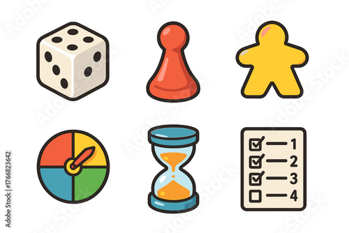 Set of classic board game components featuring a six-sided die, player pawns, spinner, timer, and score sheet