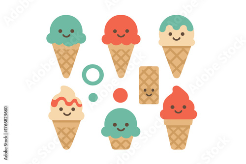 Cute smiling ice cream cones and cups in various flavors and waffle textures