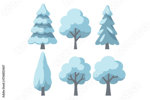 Minimalist set of six different winter trees covered in light blue snow and frost