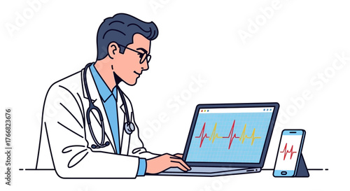 Dedicated doctor analyzes patient vital signs on laptop, showcasing modern medical technology and data-driven healthcare for improved patient outcomes