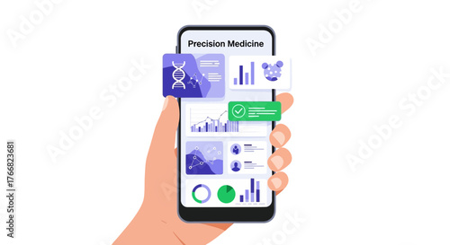 Innovative precision medicine interface on smartphone showcases DNA, analytics, and patient data for advanced healthcare solutions