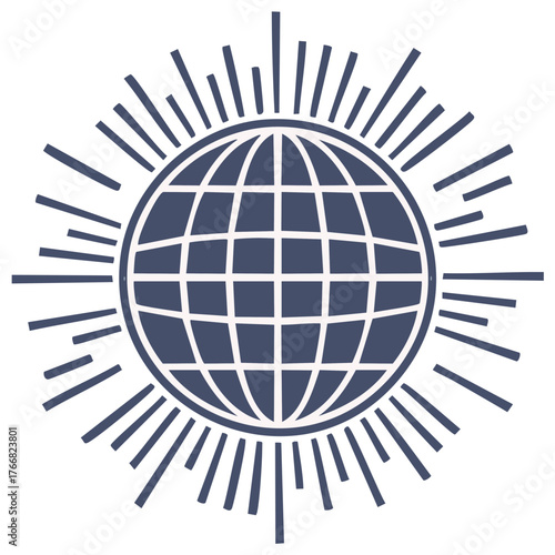 Globe with Radiating Lines Graphic, Flat Vector Illustration on White