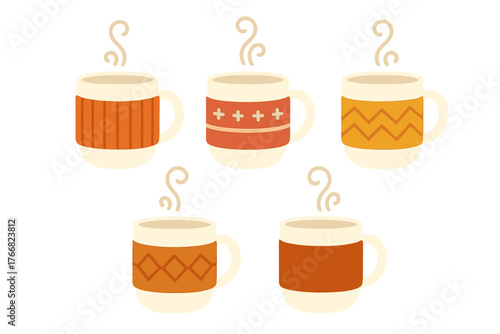 Set of five steaming ceramic mugs wrapped in cozy knitted sleeves for autumn