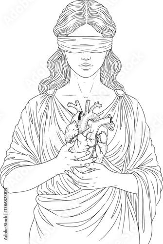 Line art illustration of a blindfolded woman in classical robes holding an anatomical heart.