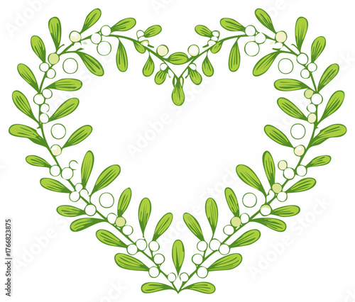 Heart shaped green leaf and white berry frame illustration for love romance and holidays