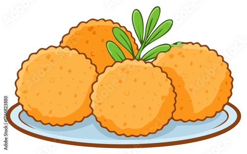 Vibrant Cartoon Deep Fried Patties Served on a Plate with Fresh Herb Garnish