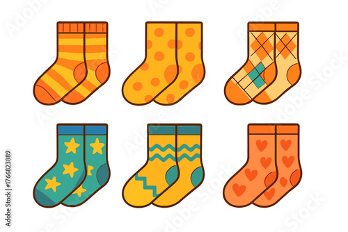 Six pairs of bright colorful socks with geometric and novelty patterns