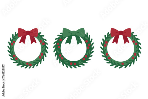 Holiday wreaths featuring green foliage, red berries, and decorative bows