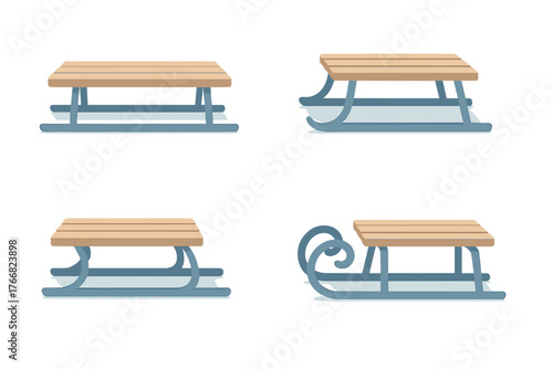 Different styles of classic wooden sleds with blue metal runners for winter recreation
