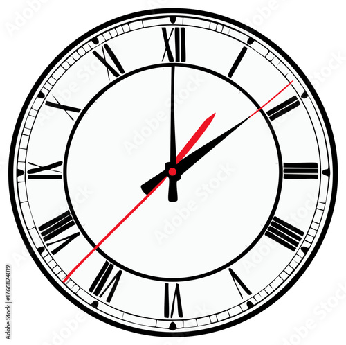 Classic analog clock face with black Roman numerals and red second hand