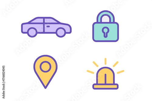 Modern symbols for vehicle safety, GPS location pin, locked security, and emergency alarm light