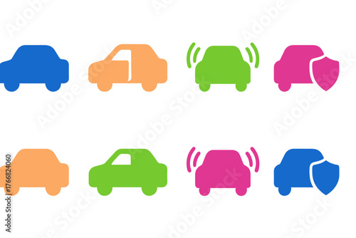 Colorful simple car symbols representing transportation security open door access and smart vehicle technology