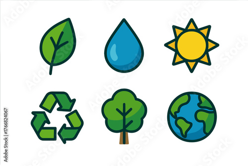 Six essential nature and ecology symbols set: leaf, water drop, sun, recycling, tree, and planet Earth