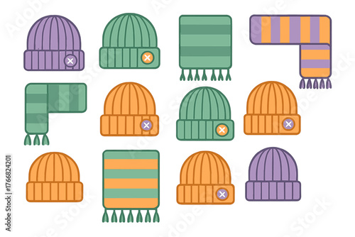 Colorful knitted beanies and striped scarves set for winter fashion accessories and apparel