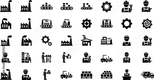 Collection of industrial icons representing factories buildings workers gears and machinery isolated on transparent background