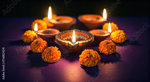 Lit terracotta oil lamps circled by marigold flowers, set on a purple surface