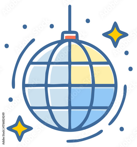 Cartoon disco ball icon sparkling light blue yellow design element for party celebration music event