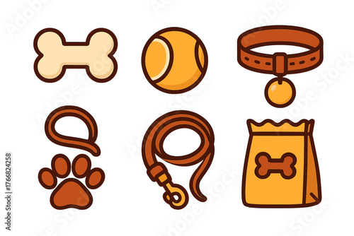 Essential dog supplies and pet care accessories collection featuring bone, ball, collar, and leash icons