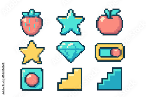 Retro video game pixel style assets collection featuring fruits stars diamond and steps