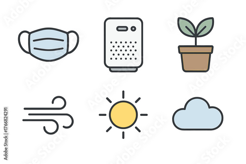 Outline icons set for air quality, health, weather, and environmental protection