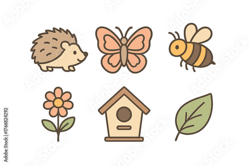 Charming collection of spring and garden elements including hedgehog butterfly bee and flower