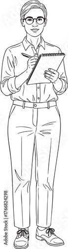 Line art illustration of a professional person with short hair and glasses holding a clipboard and pen.