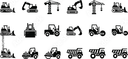 Collection of black construction vehicle icons including excavators bulldozers cranes and dump trucks isolated on transparent background