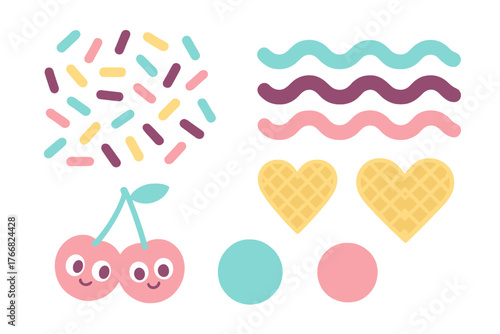 Colorful dessert elements set with sprinkles, wavy frosting, heart waffles, and smiling cherries