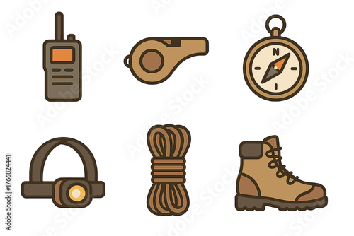 Essential hiking and camping survival gear including compass, rope, whistle, and boots