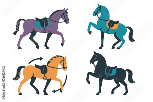 Set of four colorful horses in various poses wearing saddles and bridles