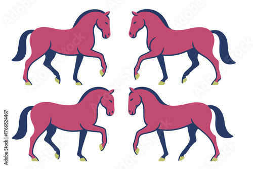 Stylized magenta horses with dark blue manes in a seamless repeating pattern