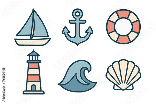 Nautical travel symbols including sailboat, anchor, life preserver, lighthouse, wave, and seashell