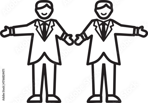 Minimalist line art of two identical businessmen in suits standing with welcoming outstretched arms.