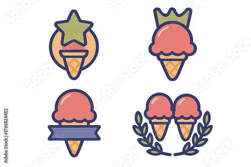 Four stylized ice cream cone badges and emblems with star, crown, ribbon banner, and laurel wreath decorations